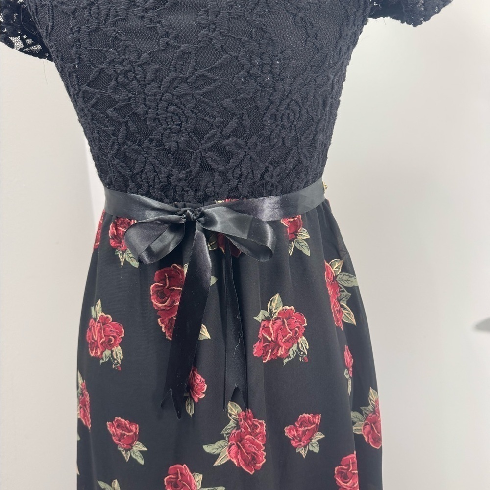 Girls Fall Dress Black And Red Rose Drop Tail Belt Short Sleeve Prom Lay… - Picture 5 of 12